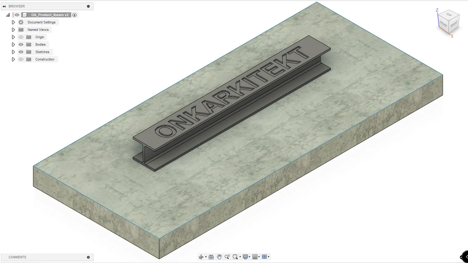 Mô hình I-Beam/H-beam với văn bản nổi trong Fusion 360