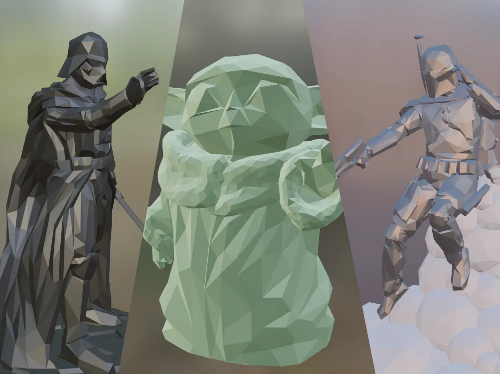Nhân vật Star Wars phong cách low-poly gồm Yoda, Mando, Vader