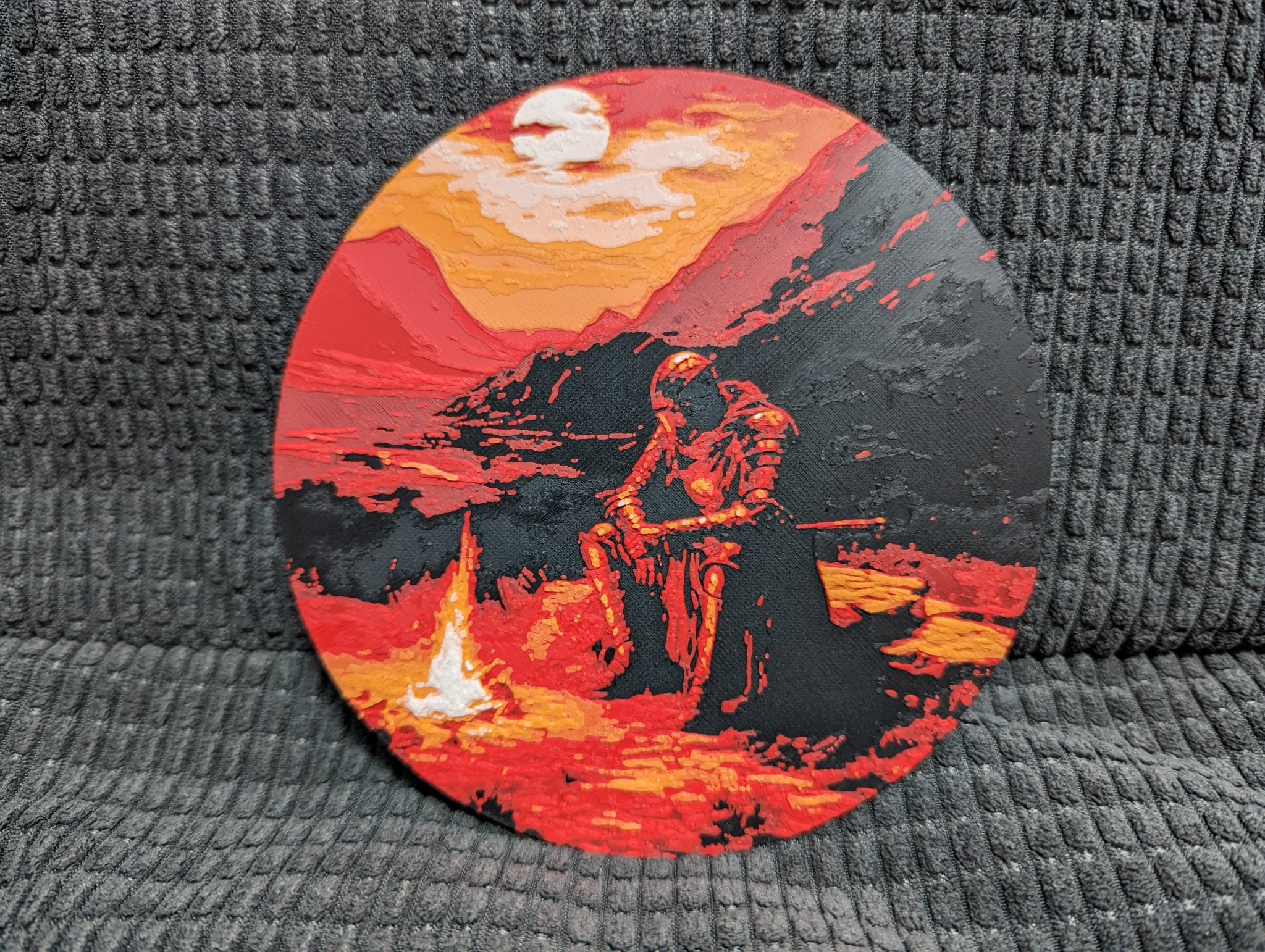 Hiệp sĩ cô đơn bên lửa trại trong phong cách Dark Souls