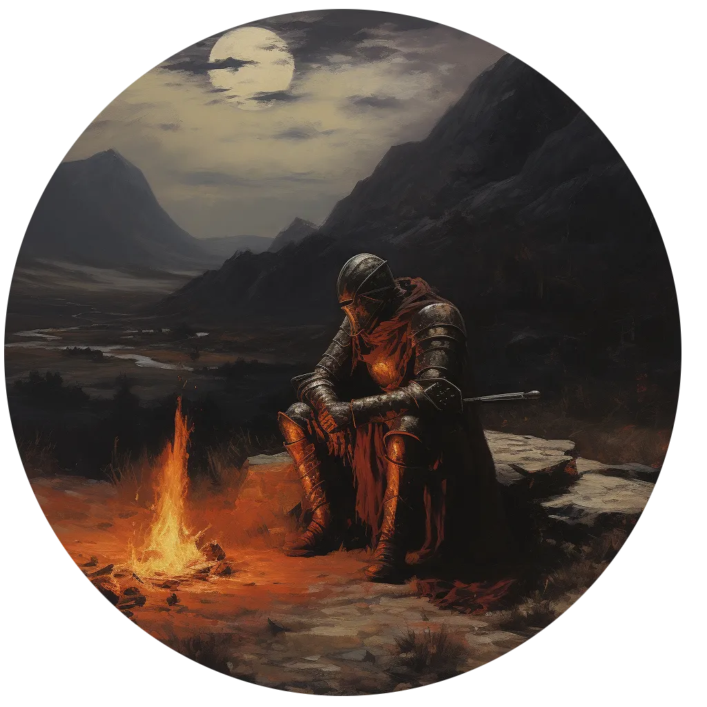 Hiệp sĩ cô đơn bên lửa trại trong phong cách Dark Souls