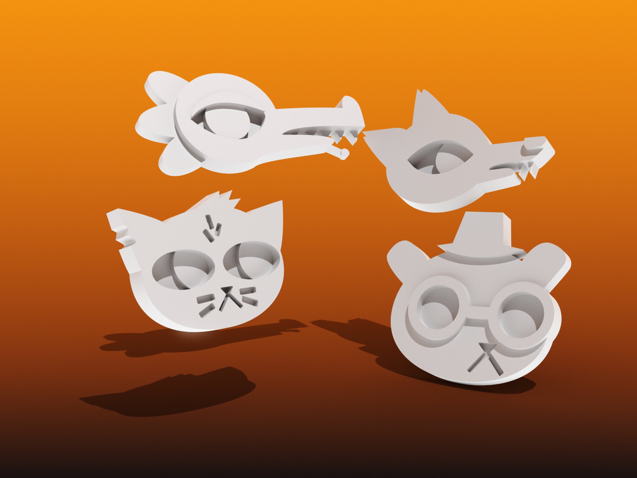 Đầu nhân vật Mae, Bea, Angus và Gregg trong Night in the Woods