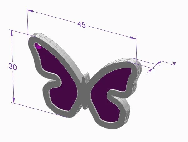 Móc khóa hình bướm với kích thước 3 x 30 x 45 mm