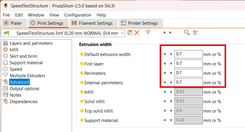 Cấu trúc thử nghiệm tốc độ đùn tối đa cho máy in 3D
