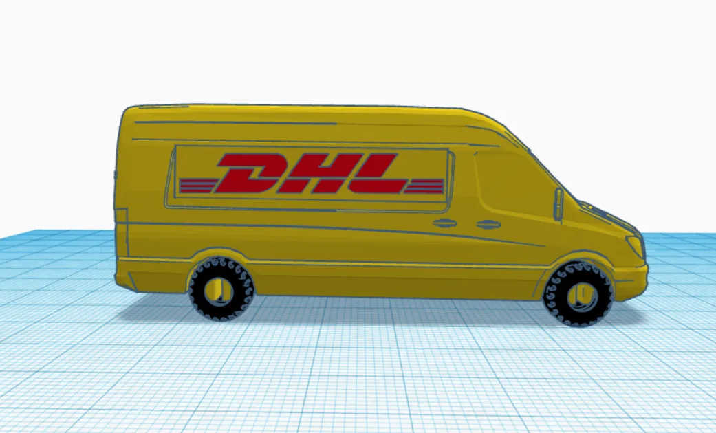 Xe tải DHL với lốp đen và logo màu vàng đỏ