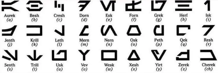 Bảng chữ cái Arebesh trong Star Wars với góc cạnh mềm mại và s...