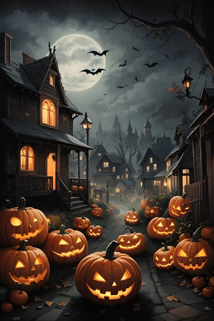 Thẻ chúc mừng Halloween hình ngôi nhà ma quái với bí ngô