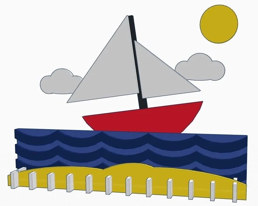 Cảnh biển nhiều màu sắc với thuyền buồm và sóng biển