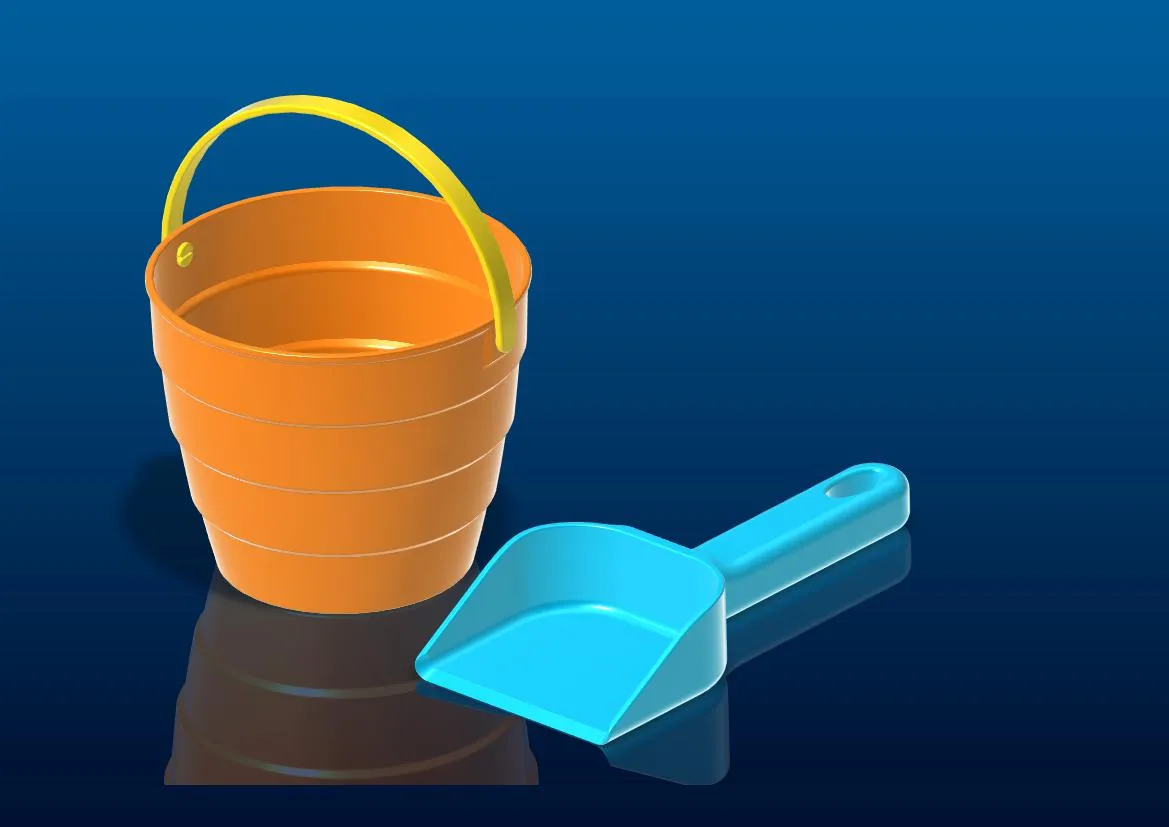 Xô và xẻng cát cho trẻ em chơi ở bãi biển