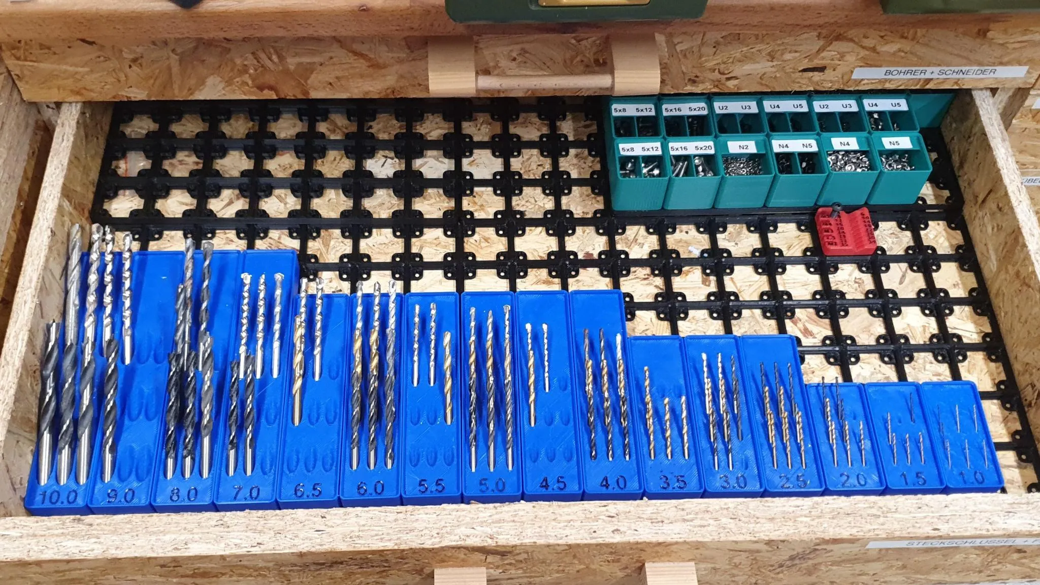 Giá đỡ mũi khoan Gridfinity, thiết kế thấp cho ngăn kéo