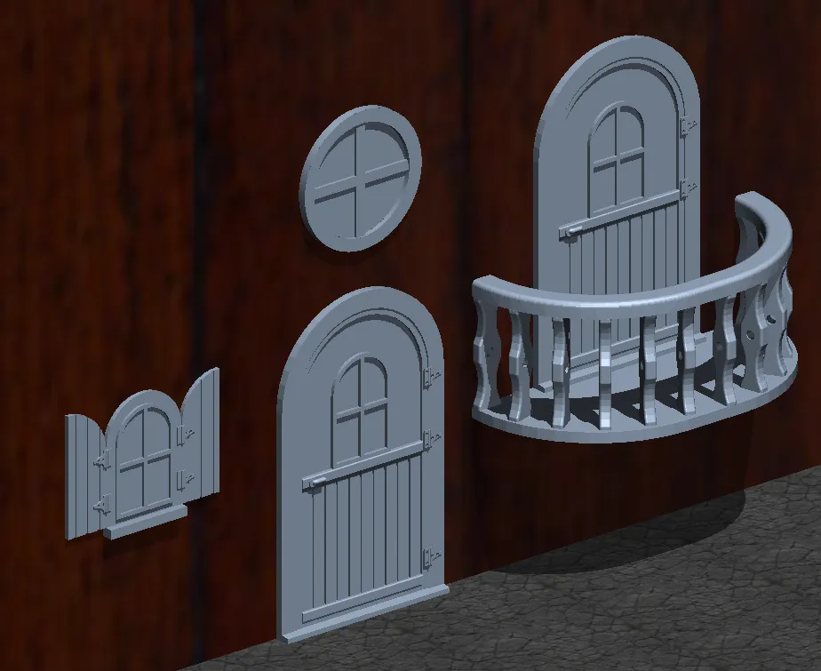 Bộ phận nhà cổ tích với cửa, cửa sổ và ban công