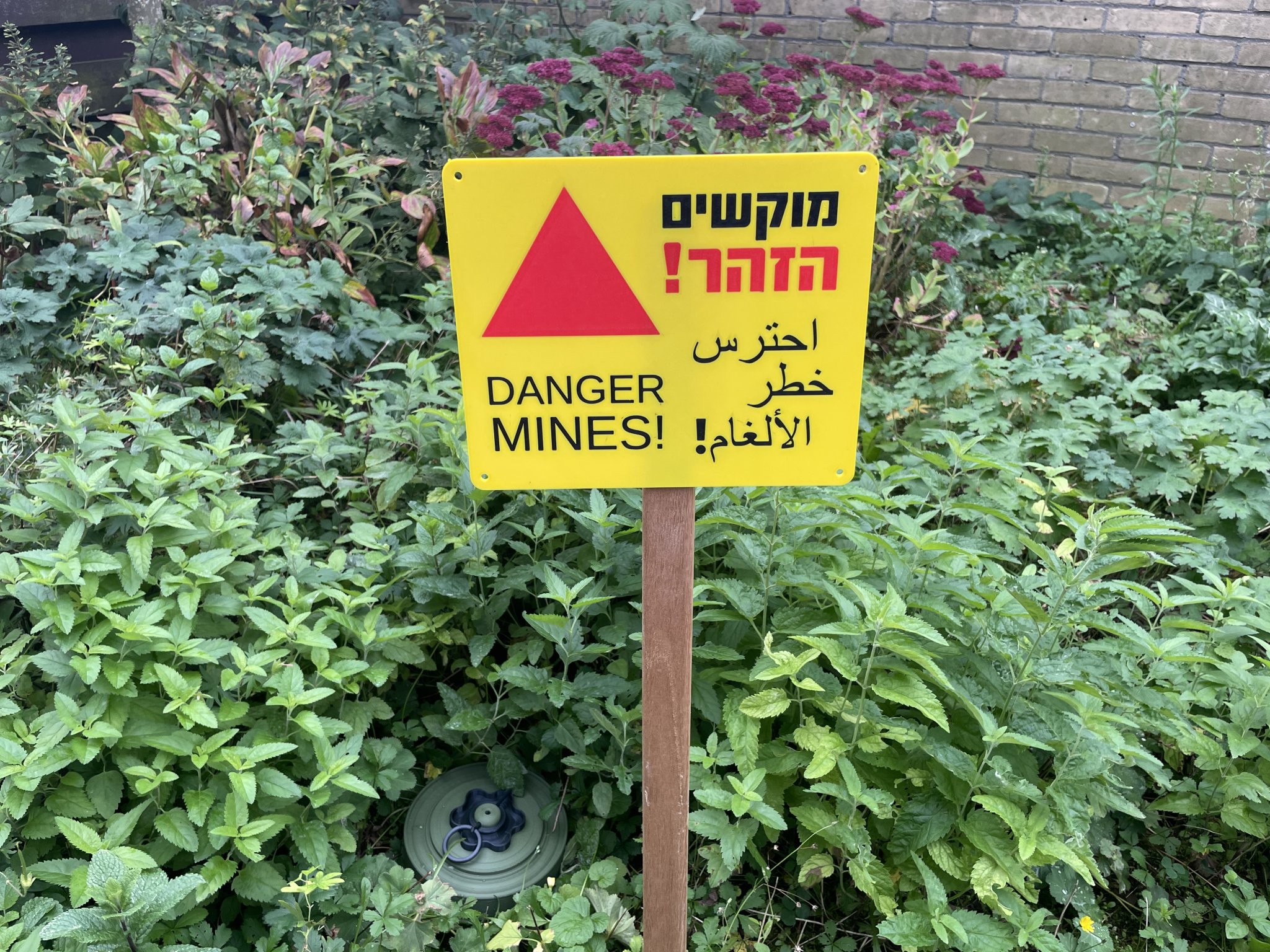 Biển cảnh báo mìn bằng tiếng Anh, Hebrew và Ả Rập