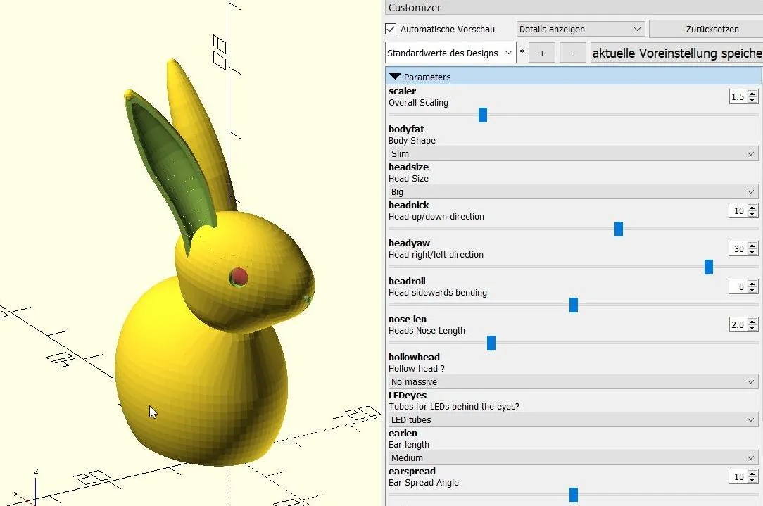 Thỏ ma quái với mắt LED đỏ 3mm tùy chỉnh cho Openscad