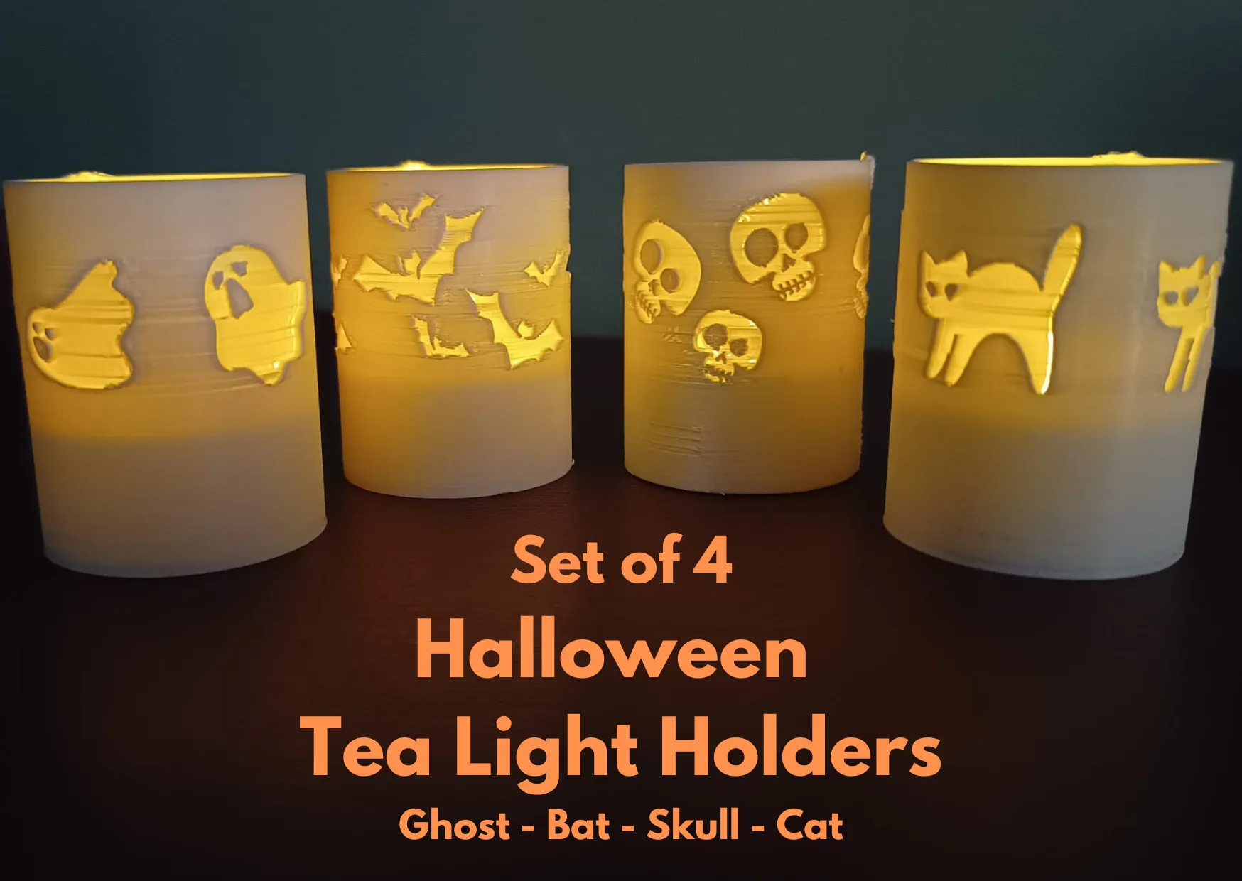 Bộ 4 giá đỡ nến Halloween hình ma, mèo, dơi và đầu lâu