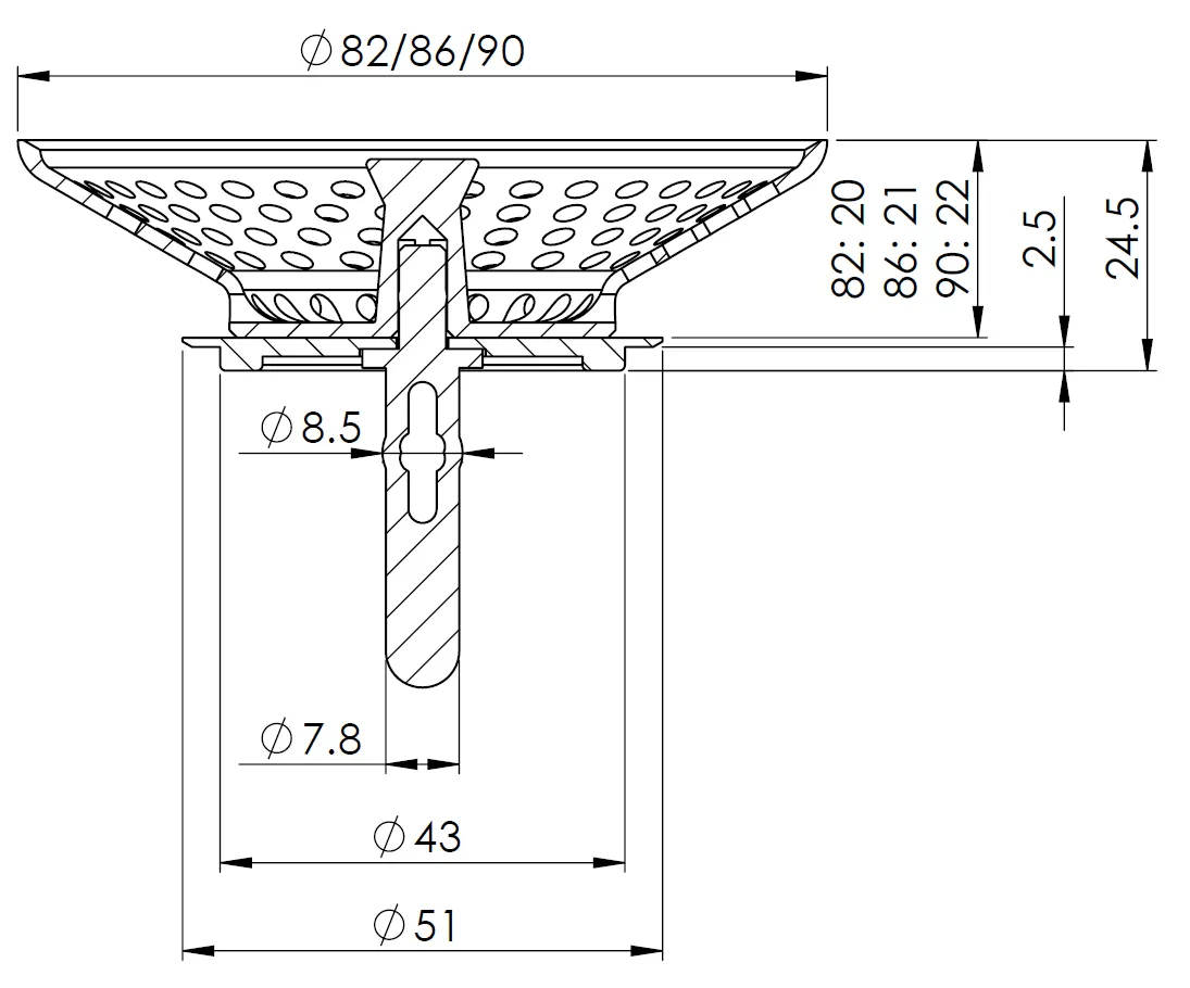 Lọc rác chậu rửa có nắp gắn liền cho chậu Ø82-90mm