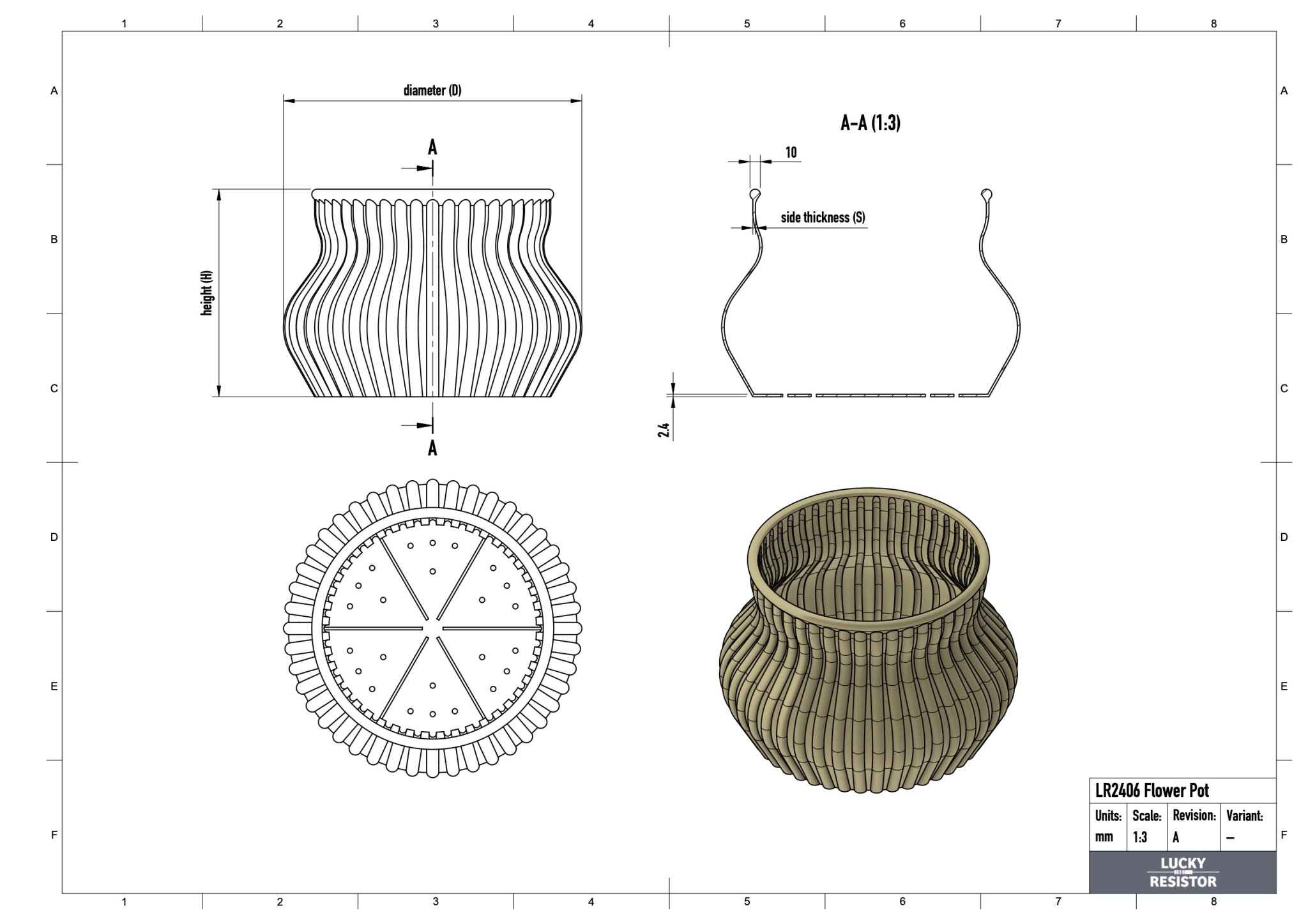 Chậu hoa cong cổ điển với họa tiết trang trí dọc dày