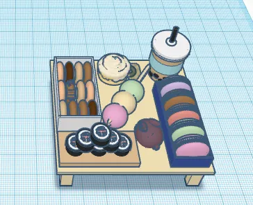 Đĩa thức ăn với bánh donut, sushi, macarons, dango, boba, và một cuộn quế! :)