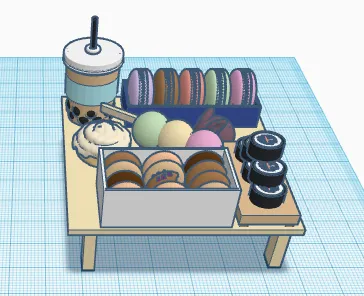 Đĩa thức ăn với bánh donut, sushi, macarons, dango, boba, và một cuộn quế! :)