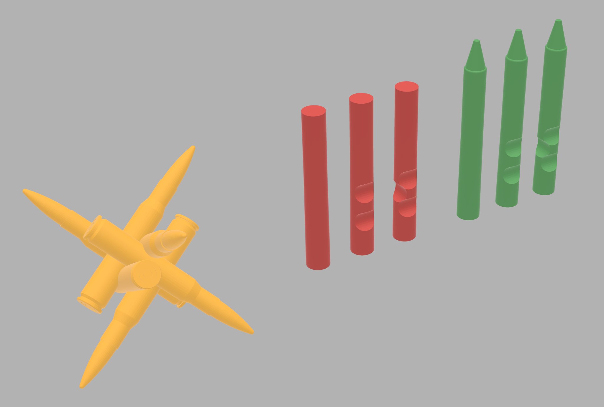 Câu đố hình trụ, viên đạn và bút sáp trên bàn làm việc