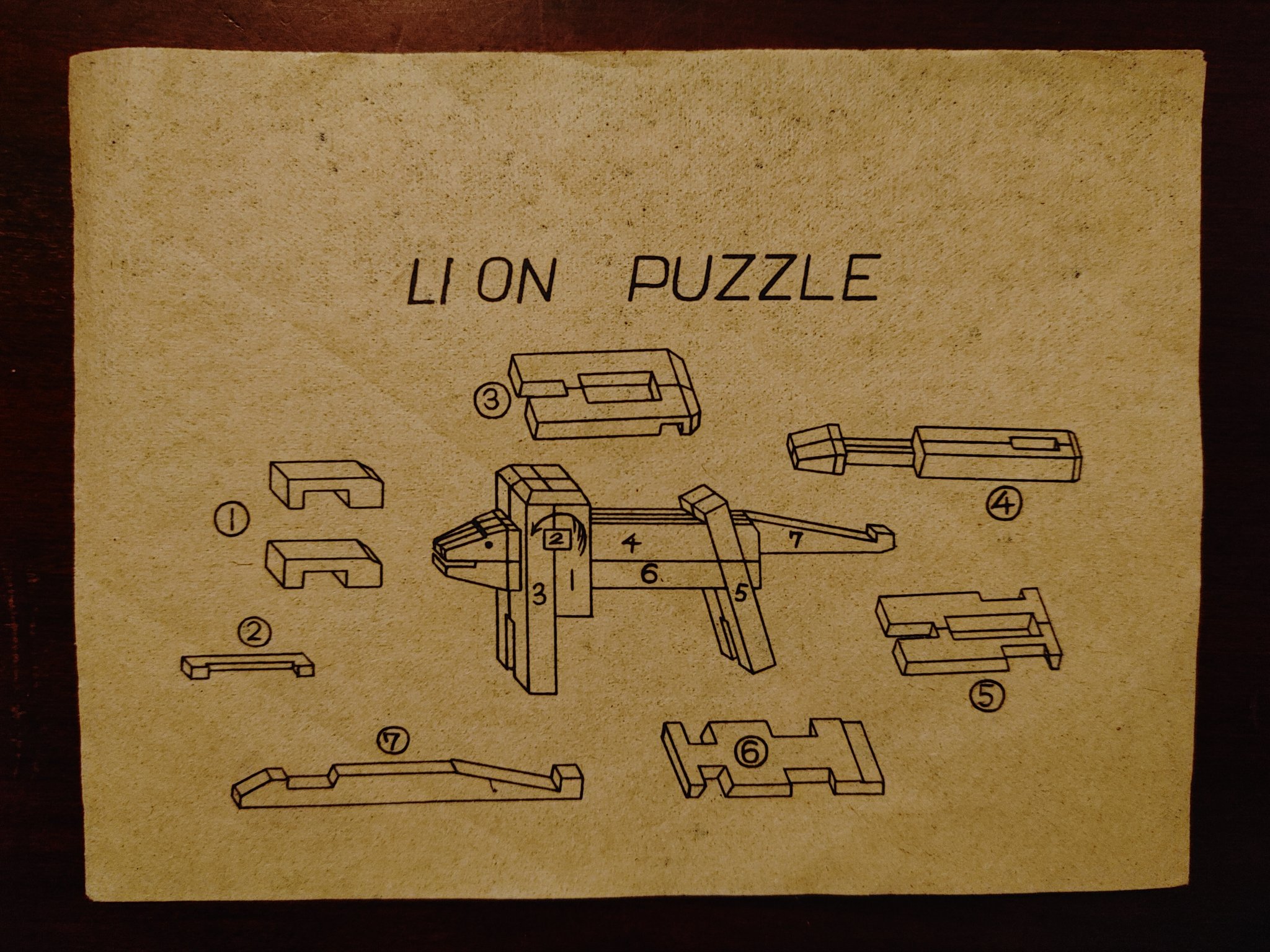 Câu đố gỗ Nhật Bản "Kumiki" hình sư tử vintage