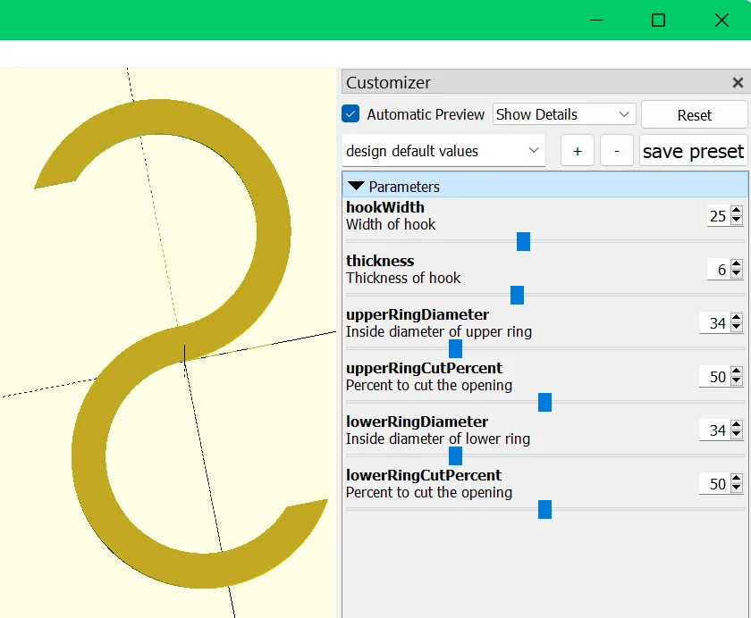 Máy tạo móc S tùy chỉnh bằng OpenSCAD
