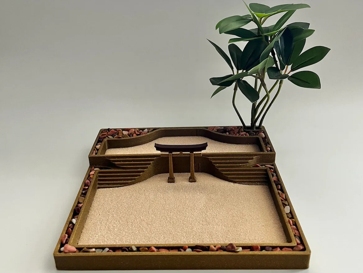 Tiêu đề Vườn Zen để bàn hai tầng với các công cụ và trang t