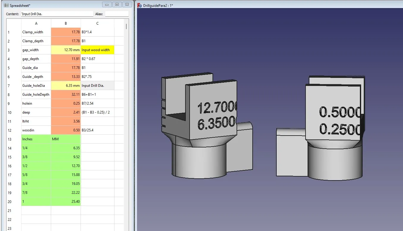 Drill guide (w/FreeCAD spreadsheet)