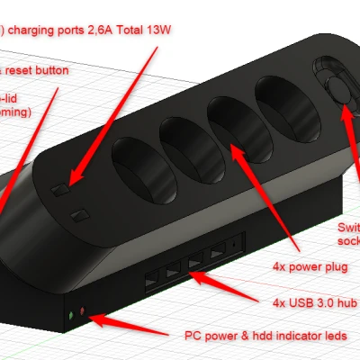 Hub Đa Năng Cho Bàn Làm Việc (Nguồn, USB-Sạc, Cổng USB, Nút Bật/Reset PC, Đèn Báo)