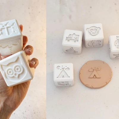 Bộ Dấu Khối Lập Phương - Động Vật, Phương Tiện & Thiên Nhiên - Dùng Cho Bột Nặn & Đất Sét