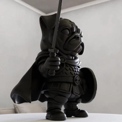 Chó Pug đội kiếm và khiên