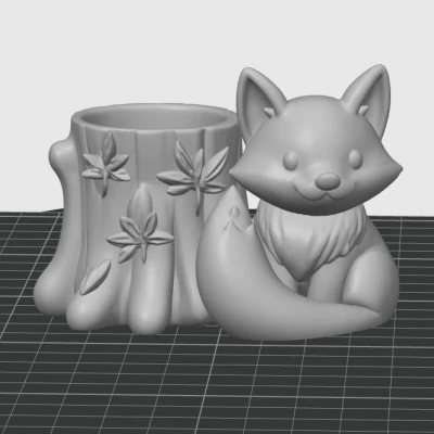 Cáo mùa thu với gốc cây trang trí lá - hộp đựng đồ 3D dễ thương, hũ / hộp / ống cắm bút