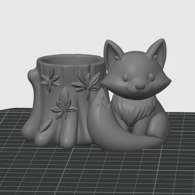 Cáo mùa thu với gốc cây trang trí lá - hộp đựng đồ 3D dễ thương, hũ / hộp / ống cắm bút