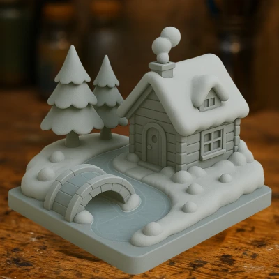 Diorama Căn Cabin Mùa Đông – Cảnh Nhà Phủ Tuyết kèm Cầu