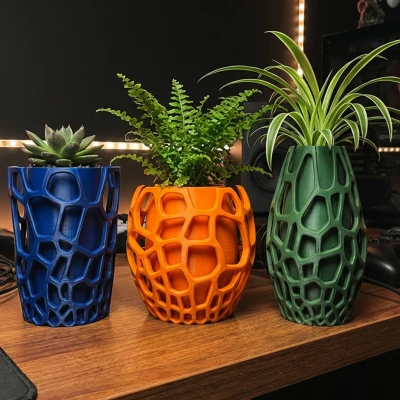 Bộ Chậu Cây Voronoi Hình Học | Chậu Hoa In 3D Hiện Đại | Lưới Organic